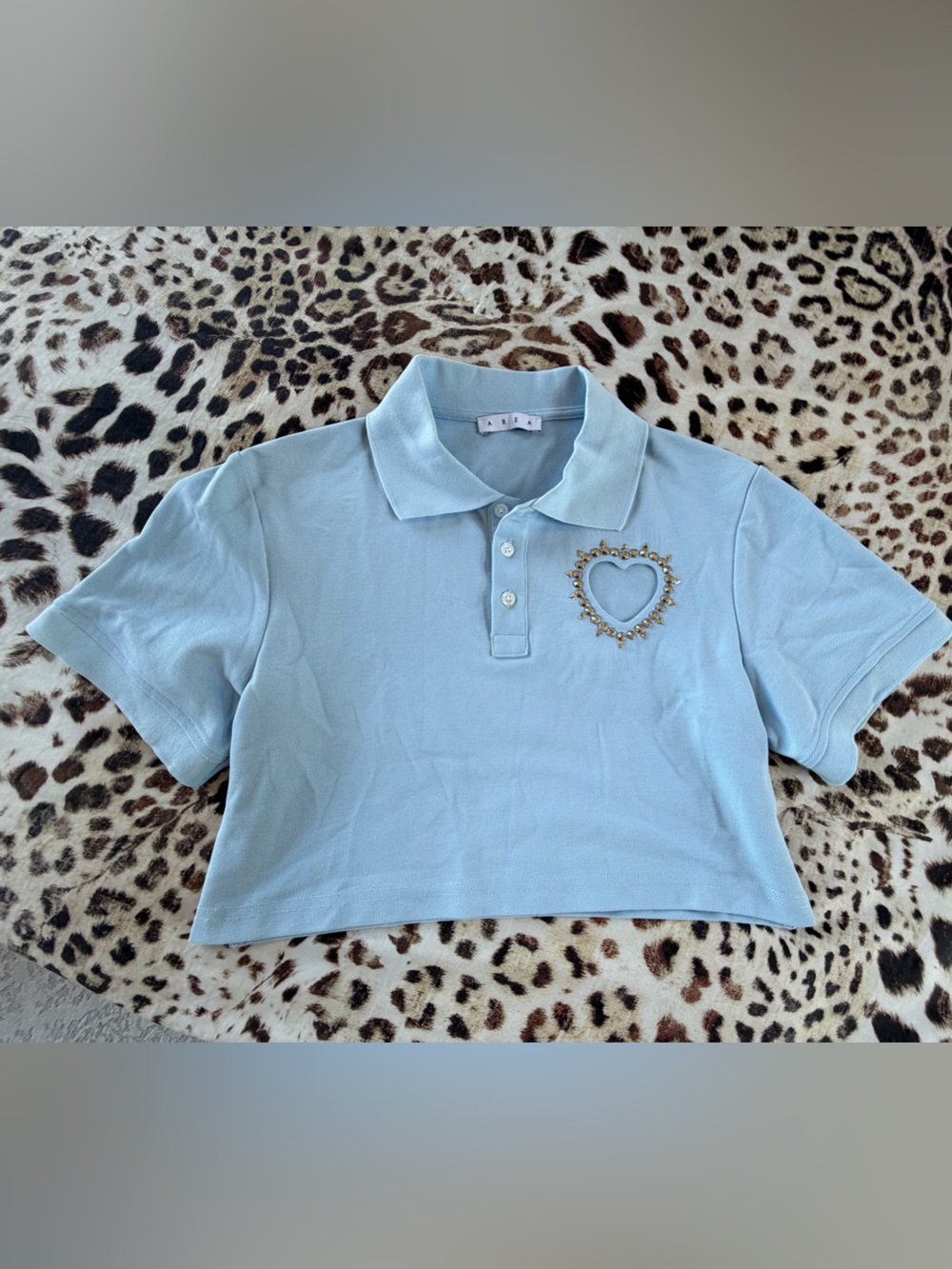 AREA Light Blue Cropped Polo with Heart Embellishment , like new